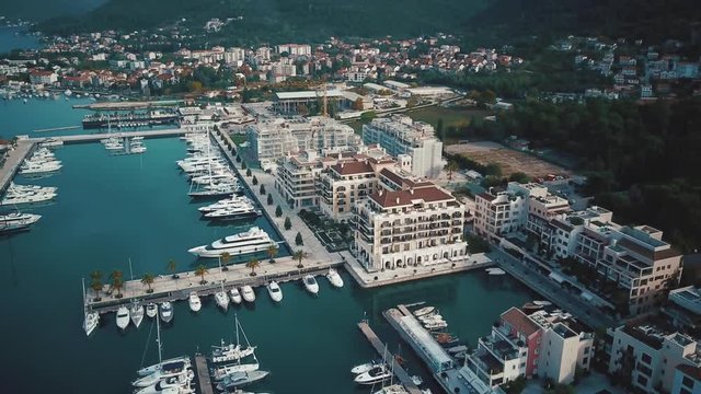 Top view on the richness city with the marina on the coastline