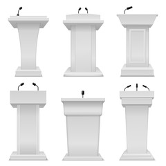 Debate podium. Empty tribune for speaker, election white stand with microphone, public politic pedestal 3d realistic isolated vector set