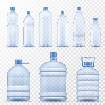 Realistic water bottle. Empty plastic containers for mineral, carbonated and soft beverages, gallon cooler jugs with lids 3d vector set