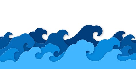 Paper sea waves. Blue water wave paper cut decor, marine landscape with curly waves ocean. Origami style wallpaper texture, vector background © YummyBuum