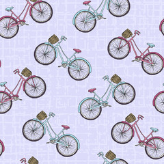 vintage bikes on abstract purple background seamless pattern, editable vector illustration for decoration, fabric, textile, paper, wallpaper