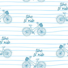 vintage bike with handwritten slogan time to ride, blue thin lines on white background seamless pattern, editable vector illustration for decoration, fabric, textile, paper, wallpaper