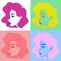 collection of woman portraits with hand in blue, violet, orange, pink colors