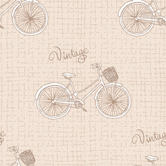 vintage bike on abstract beige canvas texture background seamless pattern, editable vector illustration for decoration, fabric, textile, paper, wallpaper
