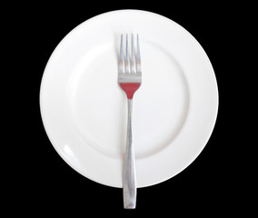 Stainless folk on white plate in black background color