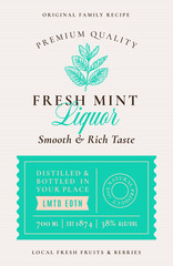 Family Recipe Fresh Mint Liquor Acohol Label. Abstract Vector Packaging Design Layout. Modern Typography Banner with Hand Drawn Menthol Leaves Silhouette Logo and Background.