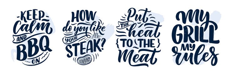 Set with Bbq fun slogans, great design for any purposes. Lettering for family dinner design. Funny print, poster and banner with phrase about barbeque. Vector