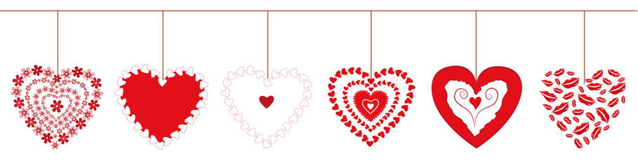 Valentine's day garland with red different drawn hearts.