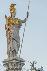 Athena Fountain (Pallas-Athene-Brunnen) in front of the Parliament during sunset, Vienna, Austria, closeup
