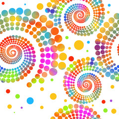 The seamless background is a multicolored spiral of dots. Mixed media. Vector illustration