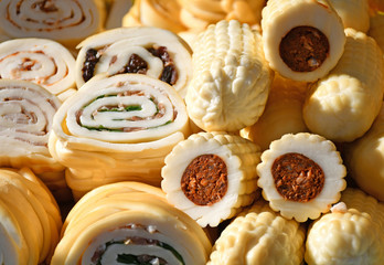 Cheese filled with vegetables and meat