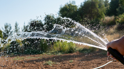 water coming out of hose to water crop man hand watering crop