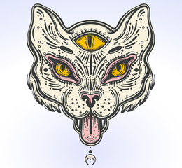 Hand drawn beautiful artwork of cat head. Vector illustration for coloring book, t-shirts, tattoo art, boho design, posters, textiles. Isolated vector illustration.