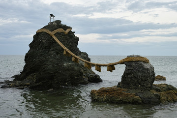 Close up to the famous twin rocks of Meoto Iwa in Ise Japan