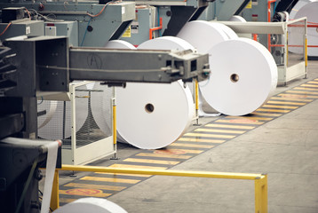 A toilet paper making machine, producing toilet and bathroom paper rolls due to Corona virus panic buying.  Paper and tissue manufacturers factory and engineered machinery.