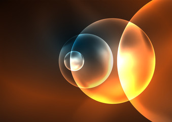 Glowing neon shiny transparent bubbles, glass circles or bio cell concept. Techno futuristic vector abstract background For Wallpaper, Banner, Background, Card, Book Illustration, landing page