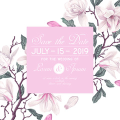 Save the Date card template. Floral wedding Invitation with blooming white magnolia flowers and leaves. Hand drawn, realistic style. Vintage, spring, botanical design for party decoration.