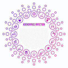 Adenovirus infection thin line icons in circle shape. Airborne disease, lymph nodes, fever, headache, runny nose, pharyngitis, surgical mask, sore throat. Vector illustration of coronavirus symptoms
