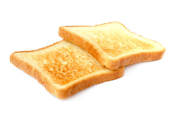 Two slices toast bread isolated on white with shadow. Close up of two images of bread on a white background. Set of slices of toast bread of with yellow crust on a white background.