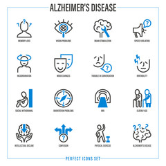 Alzheimer's disease symptoms. Memory loss, speech violation, incoordination, mood changes, irritability, orientation problems, MRI, intellectual decline. Thin line icons set. Vector illustration.