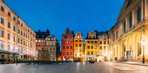 Stockholm, Sweden. Famous Old Colorful Houses, Swedish Academy and Nobel Museum In Old Square...
