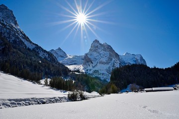 Winter view with snow at Rosenlaui Switzerland