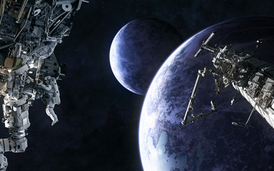 Space station, astronaut on background of planets in deep space. Science fiction. Elements of this image furnished by NASA