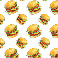 Seamless Pattern with Tasty Burger on a White Background