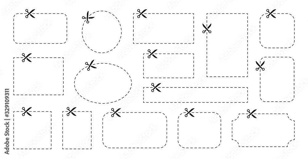 Wall mural set of coupon. scissors cut template and dashed line. gift coupon element template, graphics design.