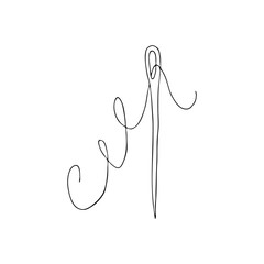 Sewing needle with eye and thread Doodle style isolated on white background. One needle.Equipment and tools for sewing, hobby needlework.Vector illustration.