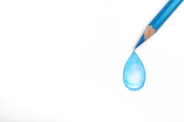 Drawing of water drop and light blue pencil on white background, top view