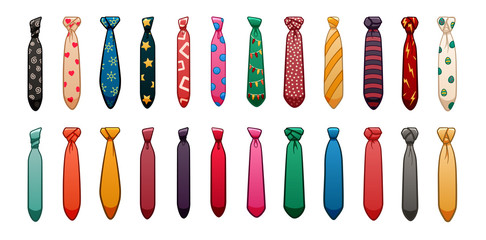 Twenty four neckties of different colors and patterns set on white background