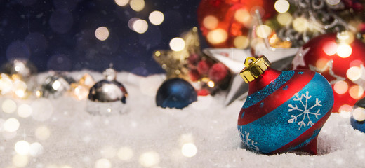 Merry Christmas and Happy New Year, Holidays greeting card with blurred bokeh background