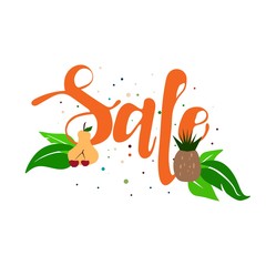 A word sale in orange color with fruits and leaves