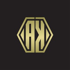 AK Logo monogram with hexagon line rounded design template with gold colors