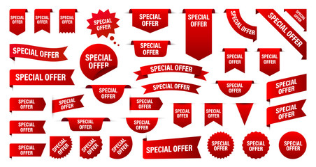 Obraz premium Sale and New Label collection set. Sale tags 30, 50, 70. Discount red ribbons, banners and icons. Special offer. Shopping Tags. Sale icons. Red isolated on white background, vector illustration.