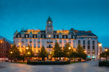 Oslo, Norway. Building Of Old Hotel In Night View. Centrum District In Summer Evening.