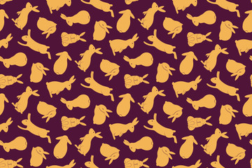 Hand drawn seamless vector pattern with bunny rabbits, gold on purple background. Design concept for Easter print, packaging, wrapping paper, card, banner, invite. Flat style illustration.
