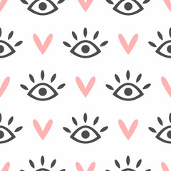 Seamless pattern with repeating eyes and hearts. Modern girly print. Cute vector illustration.
