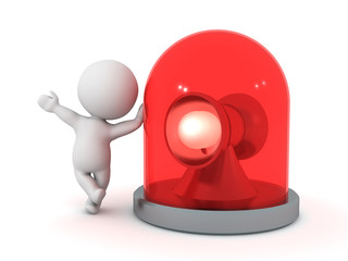 3D Character leaning on red flashing emergency light beacon