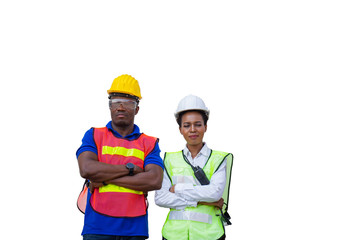Cheerful female shipping company workers with clipping path, Cheerful factory worker man with clipping path smiling with arms crossed on white background