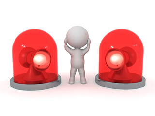 3D Character is stressed between two red flashing light beacons