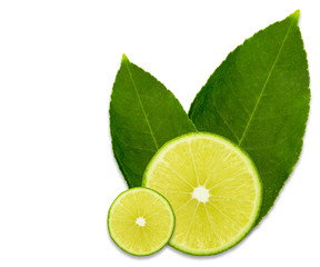 sliced lime with leaves isolated on white background. Top view.