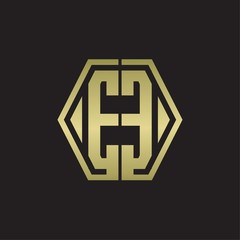 EE Logo monogram with hexagon line rounded design template with gold colors
