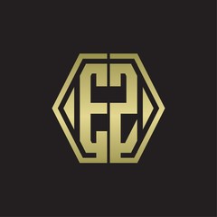 EZ Logo monogram with hexagon line rounded design template with gold colors