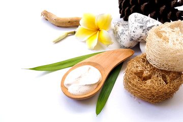 Scrub for beauty skin with milk cream, stone and luffa (natural fiber). spa treatment body care...