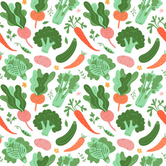 Vegetables pattern, doodle veggies, hand drawn illustrations of carrot, broccoli, beet root and cabbage. Flat trendy cartoon style, vector texture, vegetable background for kitchen textile