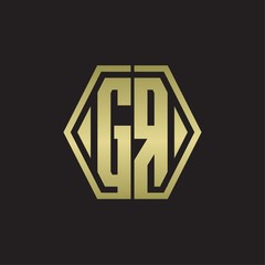 GR Logo monogram with hexagon line rounded design template with gold colors