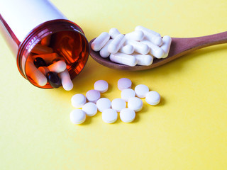 Many pills of painkiller in bottle, concept of danger from overdose, Taking medication to destroy virus covid-19, coronavirus.