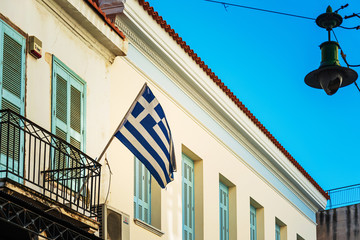 ATHENS, GREECE - February 29, 2022: Greek flag in Athens, Greece